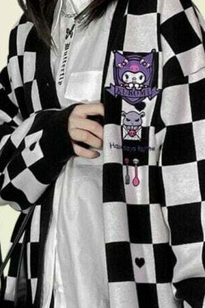 Kawaii Checkered Cardigan: Y2K Korean Streetwear Sweater