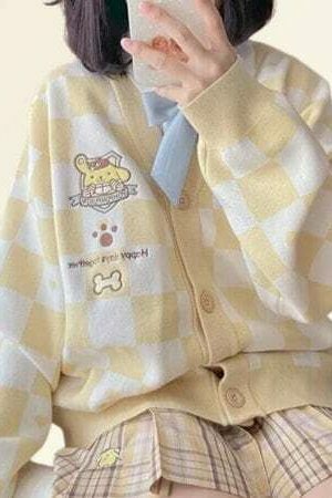 Kawaii Checkered Cardigan: Y2K Korean Streetwear Sweater