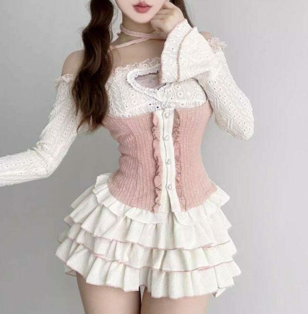 Kawaii Korean Pink Off Shoulder Top with Lace Ruffled Skirt Set