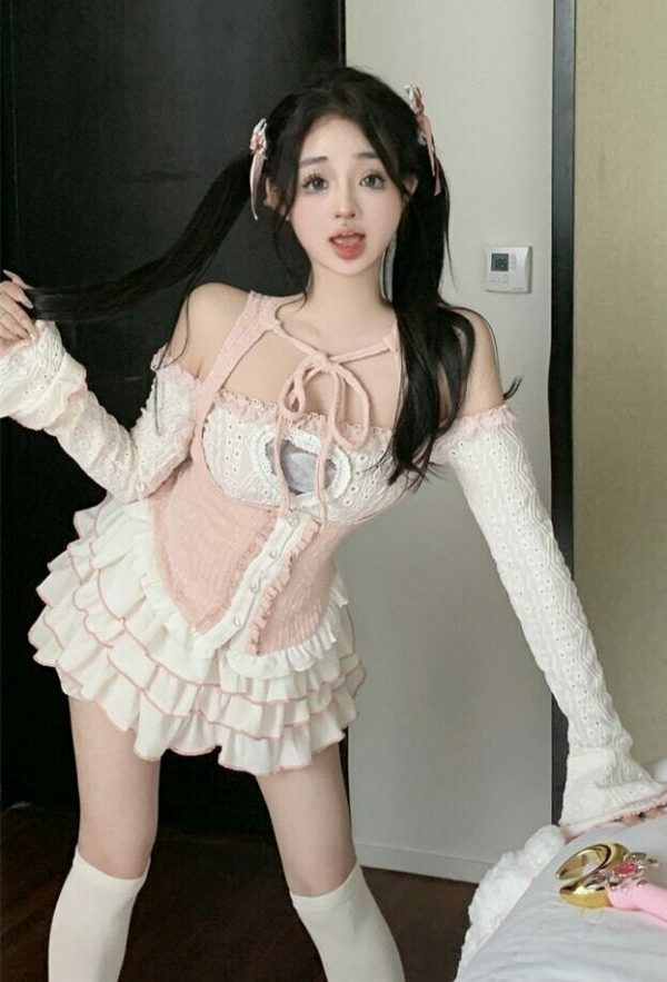 Kawaii Korean Pink Off Shoulder Top with Lace Ruffled Skirt Set