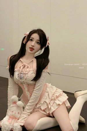 Kawaii Korean Pink Off Shoulder Top with Lace Ruffled Skirt Set