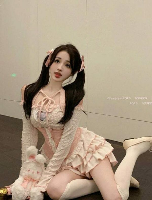 Kawaii Korean Pink Off Shoulder Top with Lace Ruffled Skirt Set