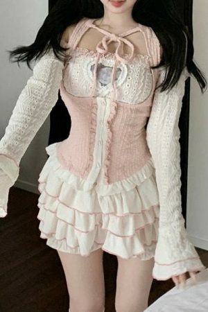 Kawaii Korean Pink Off Shoulder Top with Lace Ruffled Skirt Set