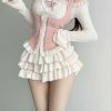 Kawaii Korean Pink Off Shoulder Top with Lace Ruffled Skirt Set