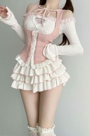 Kawaii Korean Pink Off Shoulder Top with Lace Ruffled Skirt Set