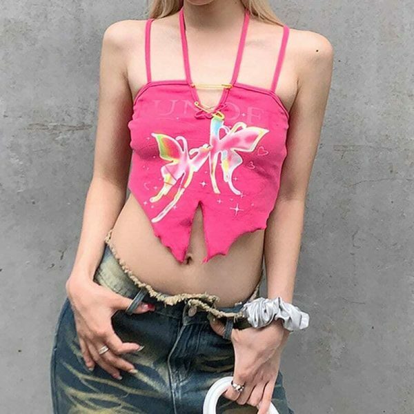 Kawaii Lolita Butterfly Print Halter Neck Y2K Camis Aesthetic Cropped Tops