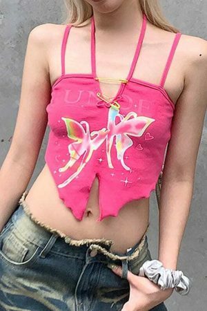 Kawaii Lolita Butterfly Print Halter Neck Y2K Camis Aesthetic Cropped Tops