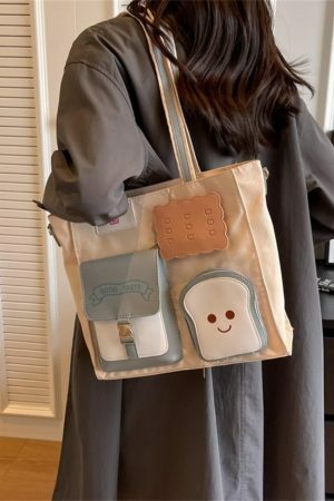 Kawaii Toast Shoulder Bag for Women - Large Crossbody Tote with Y2K Aesthetics