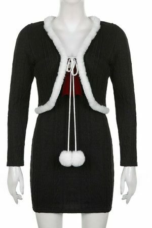 Kawaii Y2K Bodycon Knitted Dress with Feather Hairball Cardigan