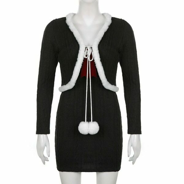 Kawaii Y2K Bodycon Knitted Dress with Feather Hairball Cardigan