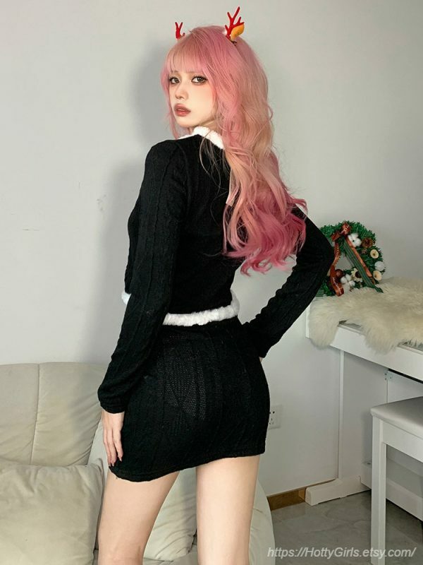 Kawaii Y2K Bodycon Knitted Dress with Feather Hairball Cardigan