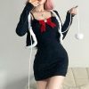 Kawaii Y2K Bodycon Knitted Dress with Feather Hairball Cardigan