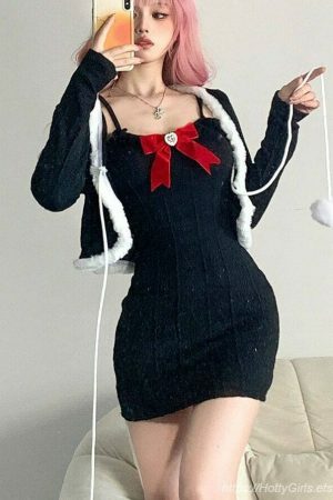 Kawaii Y2K Bodycon Knitted Dress with Feather Hairball Cardigan