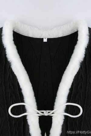 Kawaii Y2K Bodycon Knitted Dress with Feather Hairball Cardigan