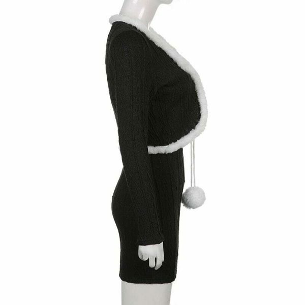 Kawaii Y2K Bodycon Knitted Dress with Feather Hairball Cardigan