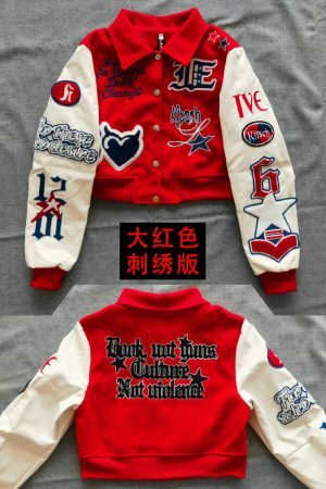 Kitsch Schoolgirl Varsity Jacket with Embroidered Patch - Y2K Streetwear Fashion