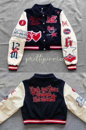 Kitsch Schoolgirl Varsity Jacket with Embroidered Patch - Y2K Streetwear Fashion