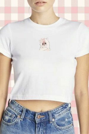 Kitten Coquette White Crop Top - Y2K Streetwear Aesthetic