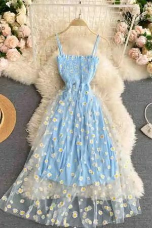 Korean Daisy Flower Print Mesh Party Dress | Y2K Spaghetti Strap Midi Beach Vestidos