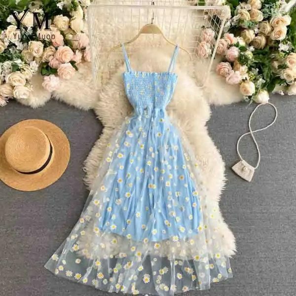 Korean Daisy Flower Print Mesh Party Dress | Y2K Spaghetti Strap Midi Beach Vestidos