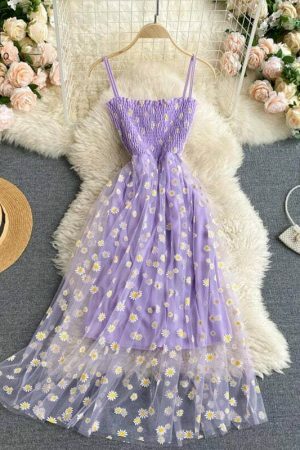 Korean Daisy Flower Print Mesh Party Dress | Y2K Spaghetti Strap Midi Beach Vestidos