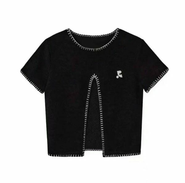 Korean Irregular Crop Tee with Large Slit & White Contrast Stitch