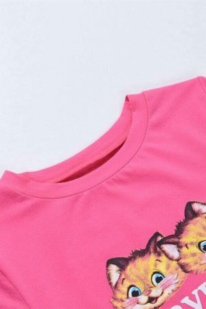 Korean Kitten Letter Print Pink Crop Top | Y2K Streetwear Fashion