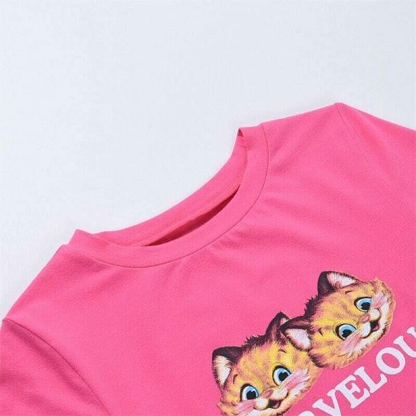 Korean Kitten Letter Print Pink Crop Top | Y2K Streetwear Fashion