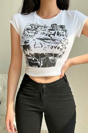 Korean Print White Crop Top | Abstract Printed T-shirt | Eye Graphic Aesthetic Streetwear Fashion | Trending Kawaii Fashion | Y2K Trash Tee

Optimized Title: Korean Print White Crop