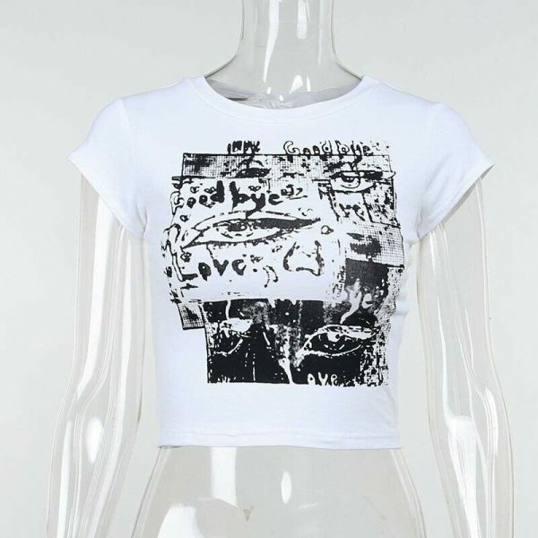 Korean Print White Crop Top | Abstract Printed T-shirt | Eye Graphic Aesthetic Streetwear Fashion | Trending Kawaii Fashion | Y2K Trash Tee

Optimized Title: Korean Print White Crop