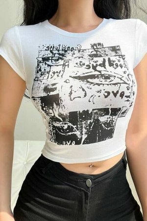 Korean Print White Crop Top | Abstract Printed T-shirt | Eye Graphic Aesthetic Streetwear Fashion | Trending Kawaii Fashion | Y2K Trash Tee

Optimized Title: Korean Print White Crop