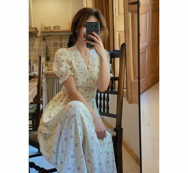 Korean Vintage Floral Lace Chiffon Party Dress with Puff Sleeves