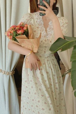 Korean Vintage Floral Lace Chiffon Party Dress with Puff Sleeves