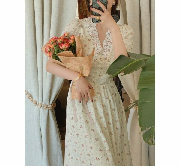 Korean Vintage Floral Lace Chiffon Party Dress with Puff Sleeves