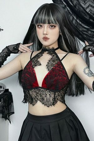 Lace Patchwork Halter Top: Y2K Gothic Streetwear for Women