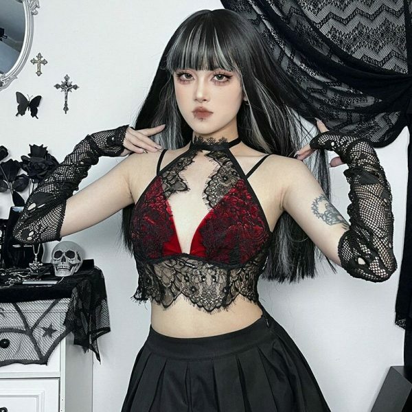 Lace Patchwork Halter Top: Y2K Gothic Streetwear for Women