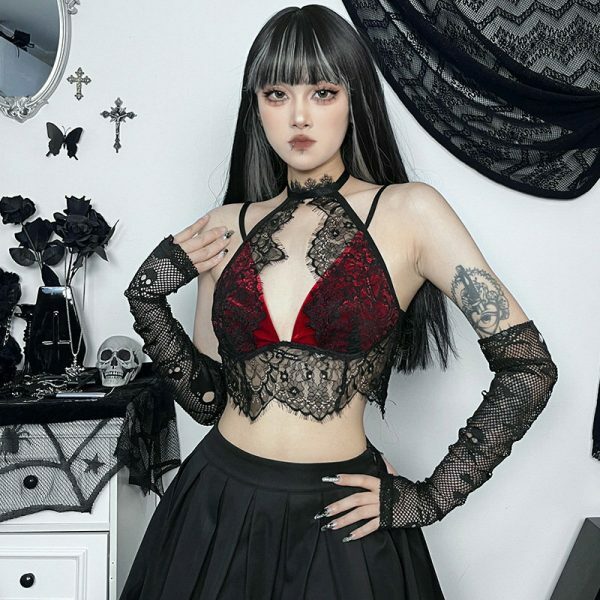 Lace Patchwork Halter Top: Y2K Gothic Streetwear for Women