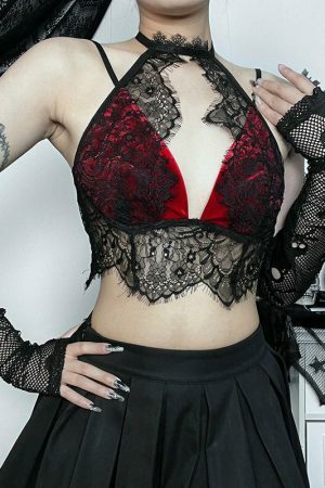 Lace Patchwork Halter Top: Y2K Gothic Streetwear for Women