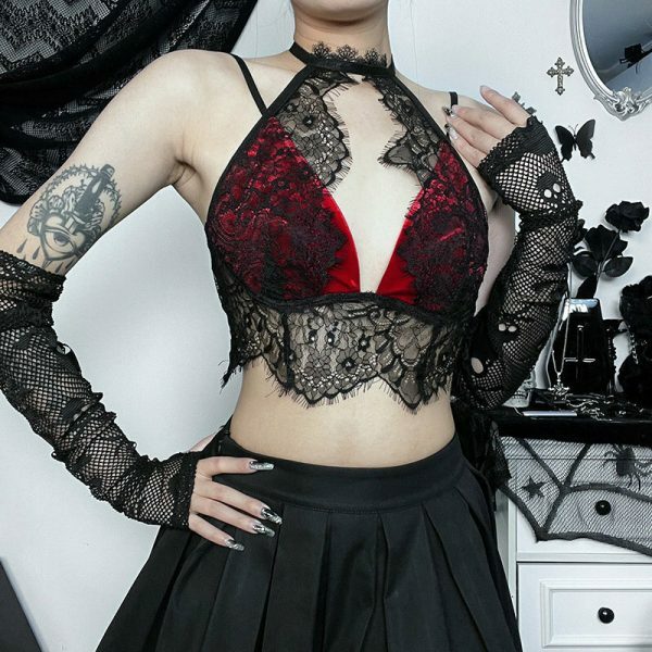 Lace Patchwork Halter Top: Y2K Gothic Streetwear for Women