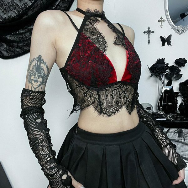 Lace Patchwork Halter Top: Y2K Gothic Streetwear for Women