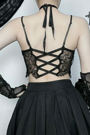 Lace Patchwork Halter Top: Y2K Gothic Streetwear for Women