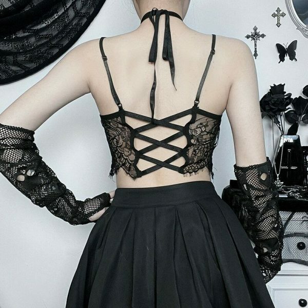 Lace Patchwork Halter Top: Y2K Gothic Streetwear for Women