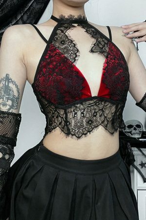 Lace Patchwork Halter Top: Y2K Gothic Streetwear for Women