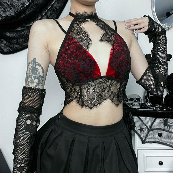 Lace Patchwork Halter Top: Y2K Gothic Streetwear for Women