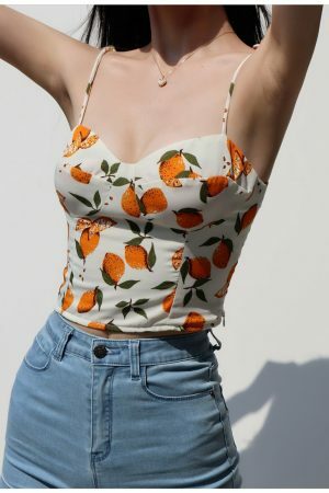 Lemon Pattern Strap Cami Crop Top - Y2K Korean French Retro Summer Blouse