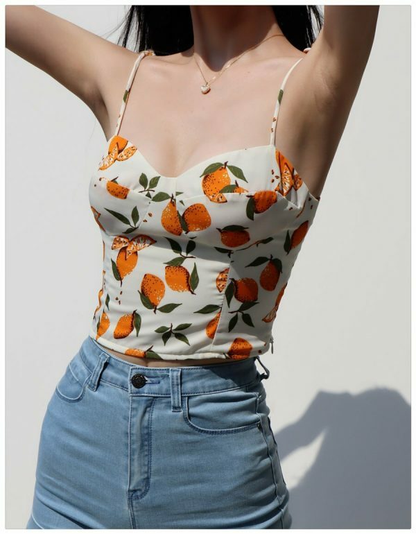 Lemon Pattern Strap Cami Crop Top - Y2K Korean French Retro Summer Blouse