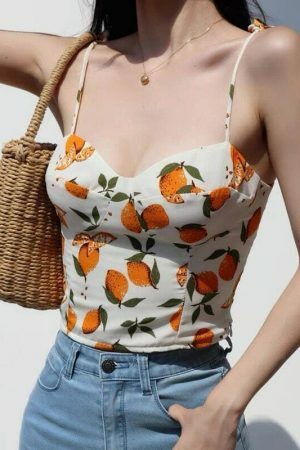 Lemon Pattern Strap Cami Crop Top - Y2K Korean French Retro Summer Blouse