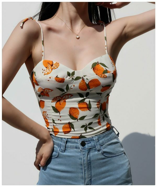 Lemon Pattern Strap Cami Crop Top - Y2K Korean French Retro Summer Blouse