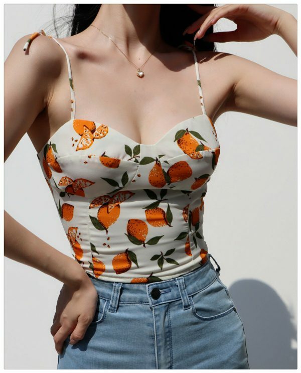 Lemon Pattern Strap Cami Crop Top - Y2K Korean French Retro Summer Blouse