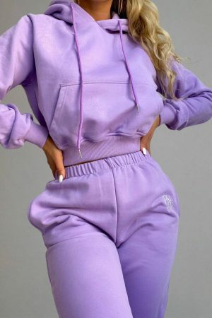 Lilac Embroidered Logo Hoodie Set: Cozy Y2K Streetwear Aesthetic